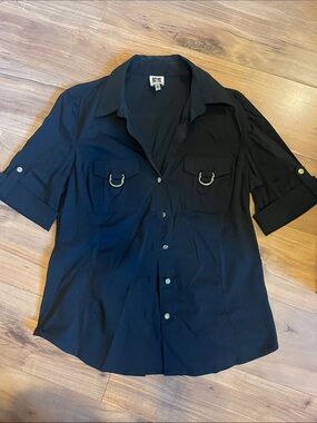 Woman’s Black Button-Up Anne Klein Shirt with  gold Detail, stretch sides.
